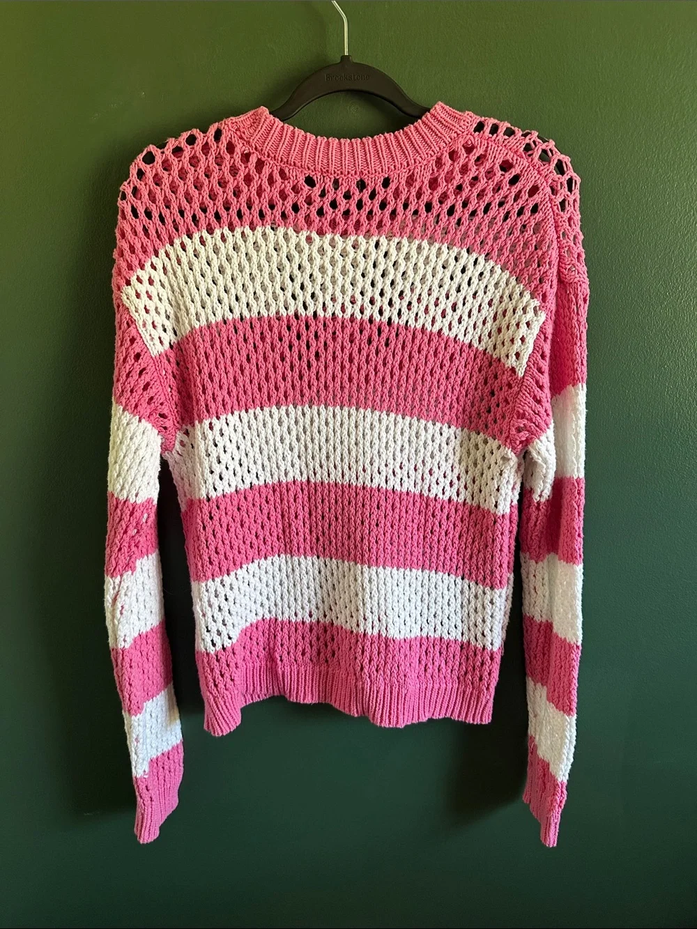 Major Label Group  Pink & White Open-Weave Stripe Crewneck Sweater Size L
